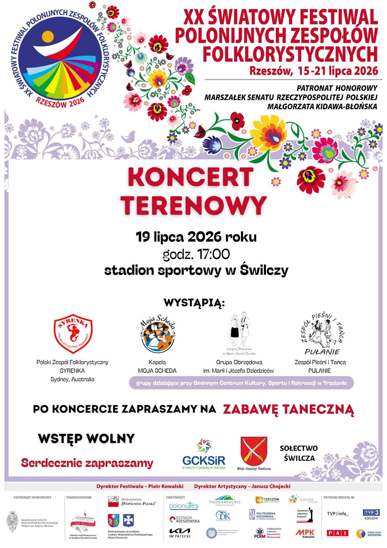 Plakat wydarzenia - Plakat wydarzenia - koncert w&nbsp;ramach XX Światowego Festiwalu Polonijnych Zespoł&oacute;w Folklorystycznych