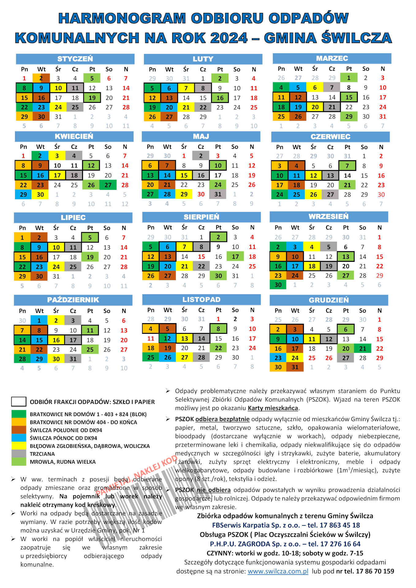 Harmonogram zbiórki odpadów komunalnych w gminie Świlcza na&nbsp;2024 r. strona 1