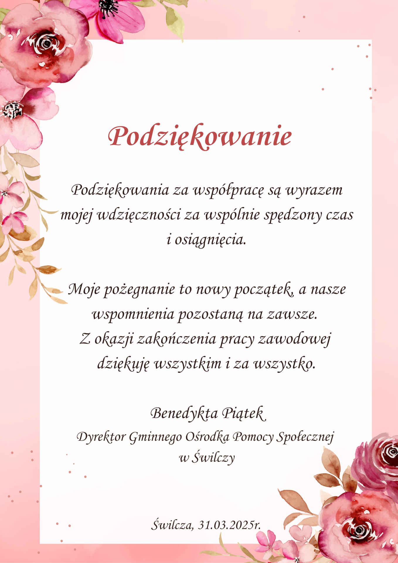 Podziękowania dla Dyrektor Gminnego Ośrodka Pomocy Społecznej w Świlczy